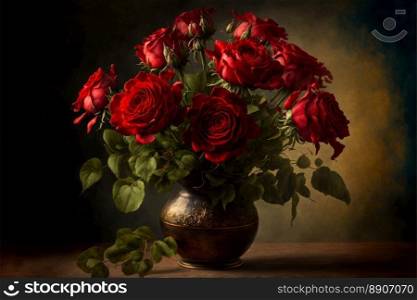 Red roses bouquet on dark background. Gift for Valentine Day. Generative AI