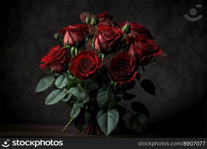 Red roses bouquet on dark background. Gift for Valentine Day. Generative AI