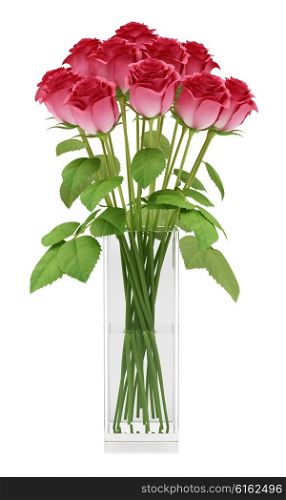 red roses in glass vase isolated on white background. 3d illustration