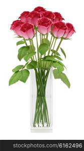red roses in glass vase isolated on white background. 3d illustration