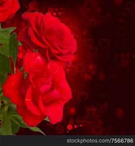 red roses on dark bokeh background with hearts