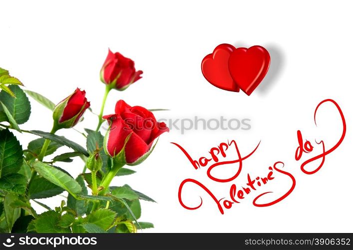 red roses with hearts and greetings for valentines day