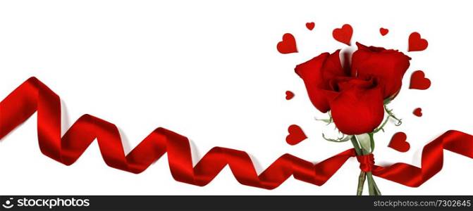 Red roses with red ribbon and hearts isolated on white background Valentines day concept. Roses and hearts on white