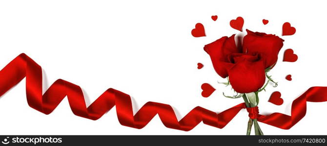 Red roses with red ribbon and hearts isolated on white background Valentines day concept. Roses and hearts on white