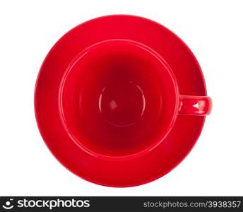 Red round empty tea cup on a saucer