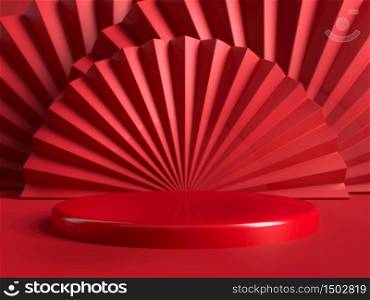 Red round stage, podium or pedestal against red paper fans and background. Background for presenting your product, identity or packaging. Place your cosmetics or fashion object on podium. 3d illustration. Red round stage, podium or pedestal against red paper fans and background. Background for presenting your product, identity or packaging. Place your cosmetics or fashion object on podium. 3d render