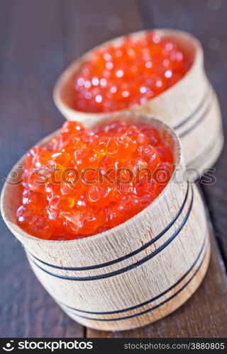 red salmon caviar in the wooden bowl