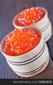 red salmon caviar in the wooden bowl