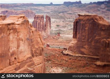 Red sandstone butte, Arches National Park, tilt shift effect