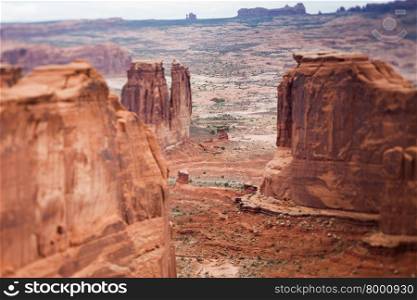 Red sandstone butte, Arches National Park, tilt shift effect