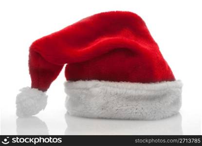 Red santa claus hat on white background.
