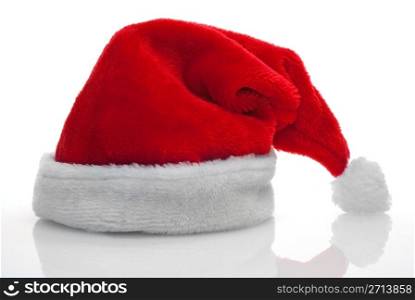Red santa claus hat on white background.