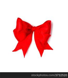 Red satin gift bow. Tape. Isolated on white