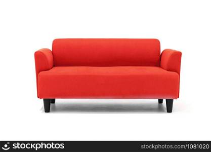 Red Scandinavian style contemporary sofa on white background with modern and minimal furniture design for stylish living room.