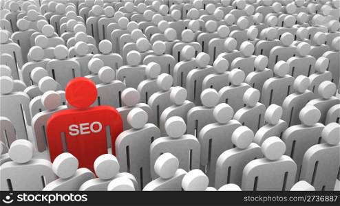 Red SEO man in the crowd of people. 3d objects isolated on the white background.