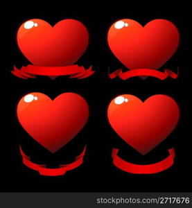 Red shiny hearts with scrolls over black