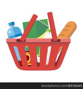 Red Shopping Basket with Different Products. Illustration of red shopping basket with different products. One plastic shopping basket. Shopping basket icon. Isolated object in flat design on white background. Vector illustration.