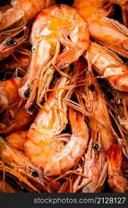 Red shrimp are boiled in water. Macro background. Shrimp texture. High quality photo. Red shrimp are boiled in water. Macro background.
