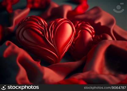 Red silk hearts background. Valentine’s Day card. Generative AI.. Red silk hearts background. Valentine’s Day card. Generative AI