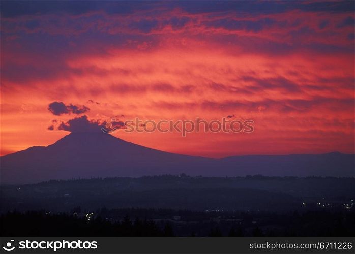 Red sky sunrise over Mt Hood as seen from Portland, Oregon