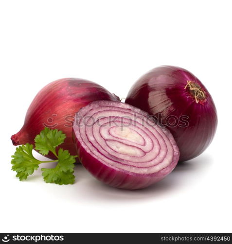 Red sliced onion and fresh parsley still life isolated on white background