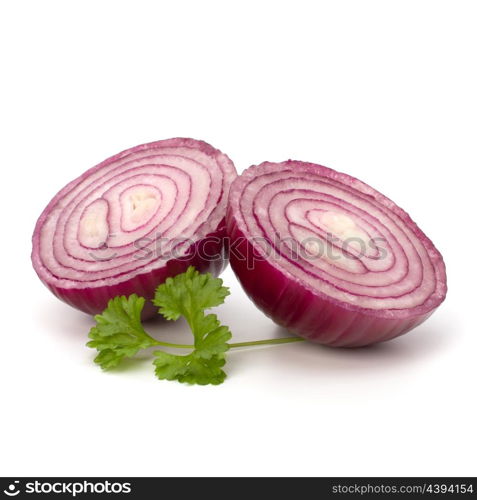 Red sliced onion and fresh parsley still life isolated on white background