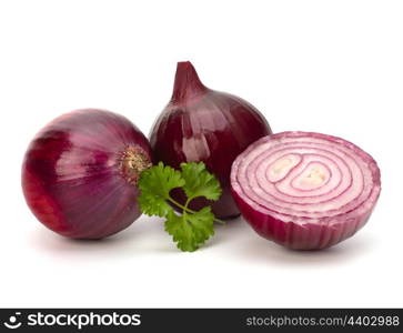 Red sliced onion and fresh parsley still life isolated on white background
