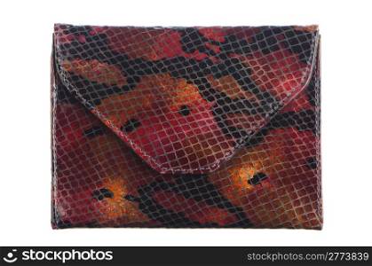 Red snake skin purse isolated on white background.