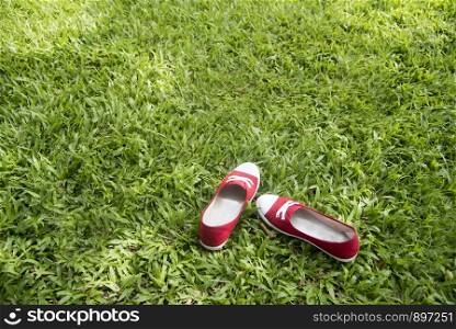 Red sneakers on green grasses. Travel Concepts.