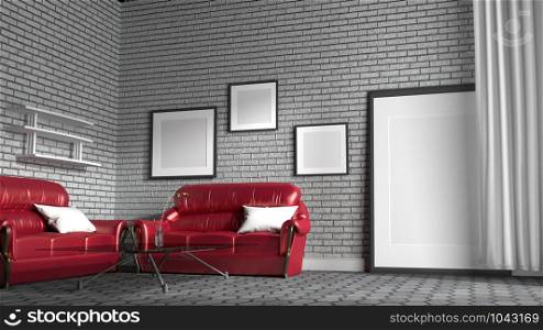 Red sofa in a living room with white brick wall background. 3d rendering