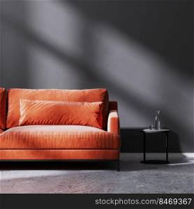 red sofa with black coffee table in empty room with black empty wall with sun rays, black empty wall, 3d rendering