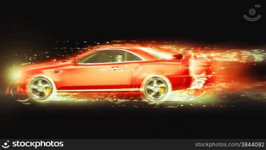 Red sport coupe with light trail