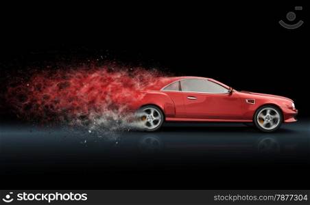 Red sport coupe with trail of dust