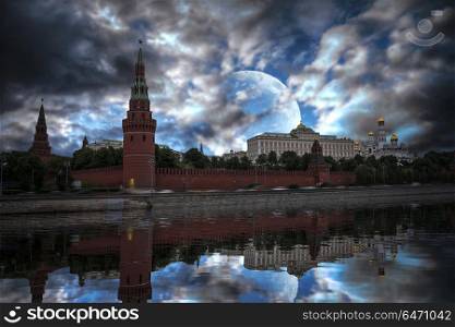Red square is the main symbol of Russia. Moscow. At night against the background of the moon. Red square