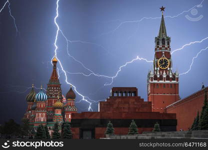 Red square is the main symbol of Russia. Moscow. Powerful lightning strike.. Red square. Powerful lightning strike.