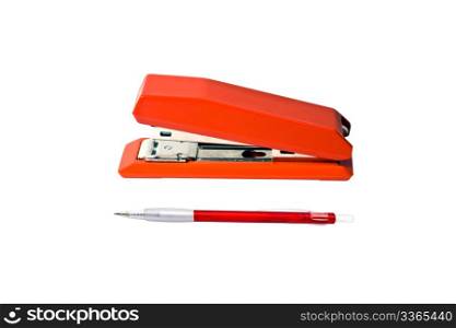 Red stapler iand pen solated on white background