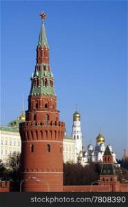 Red star on brick tower and Kremlin