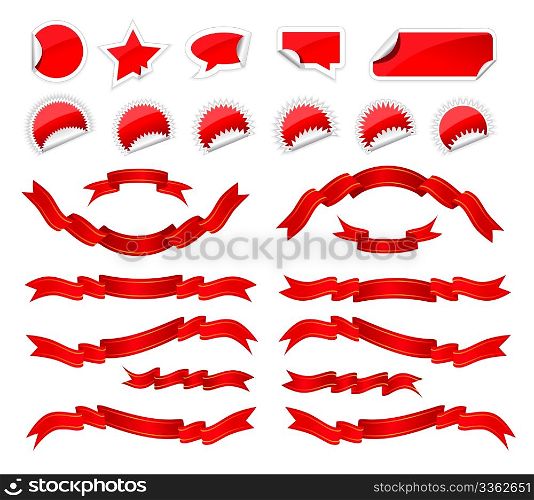 Red stickers and ribbons set on white background