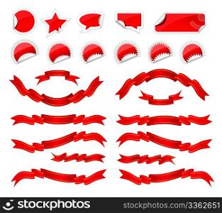 Red stickers and ribbons set on white background