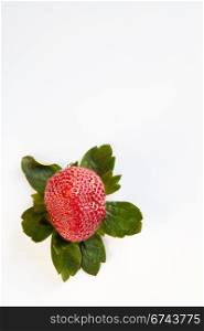 Red strawberry surrounded by green leaves isolated on white.