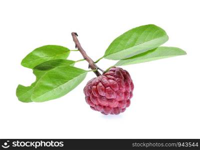 Red Sugar Apple with leaves (custard apple, Annona, sweetsop) on white background