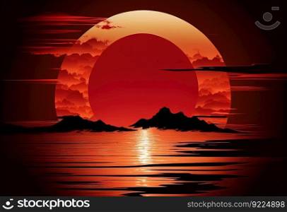 Red sun sunrise illustration. AI generative.
