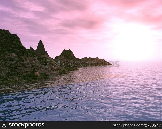 Red sunset in a bay (ocean with very bright decline with mountains)