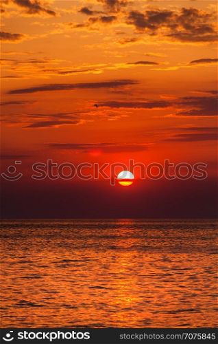 red sunset over water. red sunset over the water. the rays of the setting sun reflected on the water surface