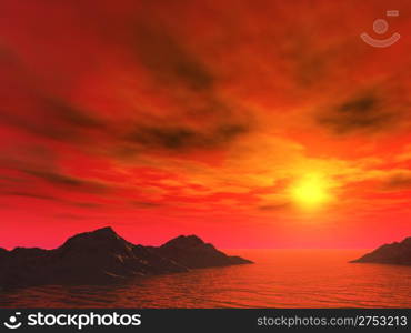 Red sunset. The fantastic sky above sea coast