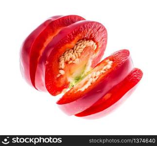 Red sweet chopped round pepper, isolated on white background. Studio Photo. Red sweet chopped round pepper, isolated on white background