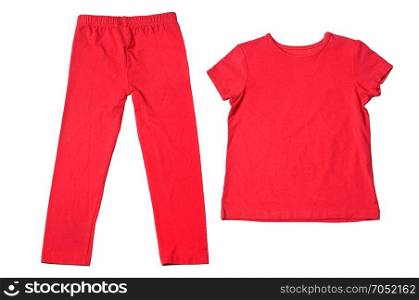 Red T-shirt and pants isolated on white background