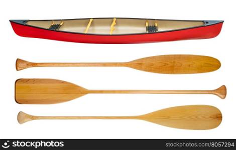 red tandem canoe with wooden paddles isolated on white, a set