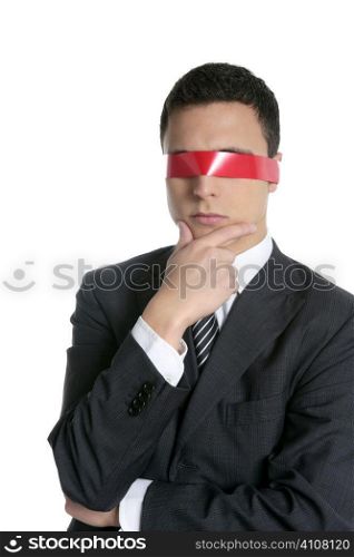 Red tape blindfold businessman isolated on white background
