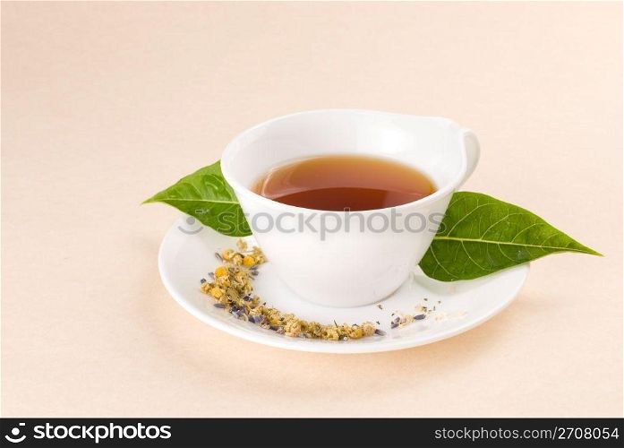 Red tea in white ceramic cup with green leaf decoration.
